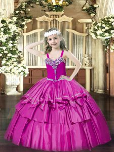 Excellent Sleeveless Organza Floor Length Lace Up Custom Made Pageant Dress in Fuchsia with Beading and Ruffled Layers