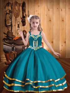 Teal Lace Up Straps Embroidery and Ruffled Layers Little Girls Pageant Gowns Organza Sleeveless
