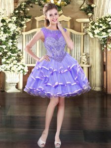 Sophisticated Sleeveless Mini Length Beading and Ruffled Layers Lace Up Prom Dress with Lavender