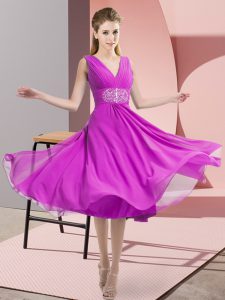 Best Fuchsia Bridesmaid Dress Prom and Party and Wedding Party with Beading V-neck Sleeveless Side Zipper