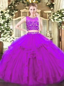 Purple Two Pieces Scoop Sleeveless Tulle Floor Length Zipper Beading and Ruffles 15th Birthday Dress