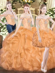 Super Orange Red Sleeveless Organza Lace Up Sweet 16 Dresses for Military Ball and Sweet 16 and Quinceanera