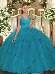 Shining V-neck Sleeveless Organza Quinceanera Gown Ruffles Backless