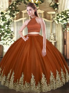 Decent Floor Length Backless Sweet 16 Dresses Rust Red for Military Ball and Sweet 16 and Quinceanera with Beading and Appliques