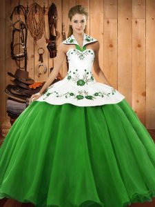 Hot Sale Green Satin and Tulle Lace Up Halter Top Sleeveless Floor Length Sweet 16 Quinceanera Dress Embroidery
