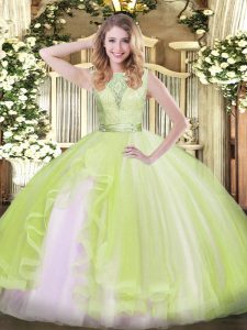 Great Yellow Green Backless Quinceanera Gowns Lace and Ruffles Sleeveless Floor Length