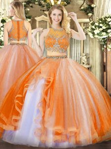 Orange Red Sleeveless Floor Length Beading and Ruffles Zipper Quinceanera Gowns