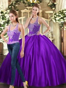 Beading Quinceanera Dresses Purple Lace Up Sleeveless Floor Length