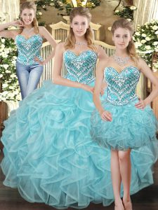 Free and Easy Aqua Blue Three Pieces Organza Sweetheart Sleeveless Beading and Ruffles Floor Length Lace Up Sweet 16 Quinceanera Dress