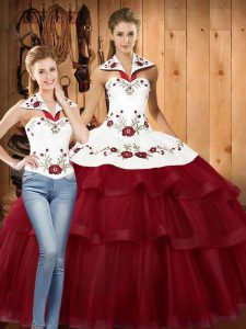 Modest Wine Red Two Pieces Embroidery and Ruffled Layers 15 Quinceanera Dress Lace Up Satin and Organza Sleeveless With Train