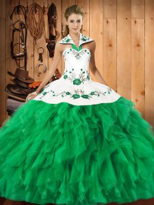 Inexpensive Halter Top Sleeveless 15 Quinceanera Dress Floor Length Embroidery and Ruffles Green Satin and Organza