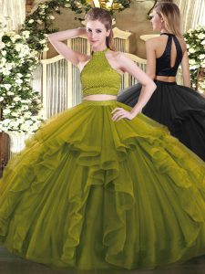 Olive Green Sleeveless Organza Backless Quinceanera Dresses for Military Ball and Sweet 16 and Quinceanera