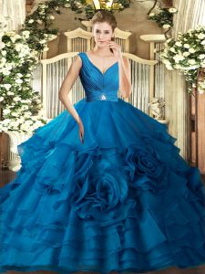Fantastic Blue Ball Gowns Organza V-neck Sleeveless Beading and Ruffles Floor Length Backless Quinceanera Gown