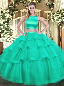 Flare Turquoise Two Pieces Tulle High-neck Sleeveless Ruffled Layers Floor Length Criss Cross Vestidos de Quinceanera