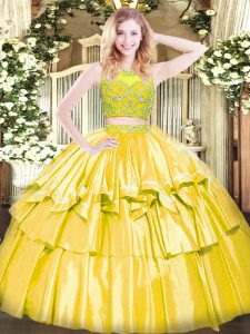 Adorable Yellow Two Pieces Beading and Ruffled Layers Quince Ball Gowns Zipper Tulle Sleeveless Floor Length