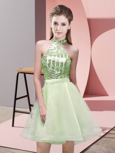High Class Mini Length Backless Bridesmaid Dress Yellow Green for Prom and Party and Wedding Party with Sequins