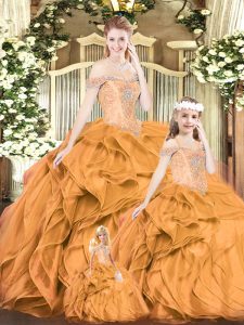 Sleeveless Floor Length Beading and Ruffles Lace Up Quince Ball Gowns with Orange Red