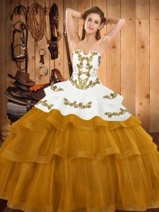 Gold Sleeveless Embroidery and Ruffled Layers Lace Up 15 Quinceanera Dress