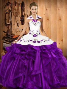 Sleeveless Floor Length Embroidery and Ruffles Lace Up Quinceanera Dress with Purple