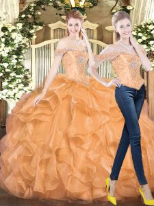 Two Pieces Quinceanera Dress Orange Red Off The Shoulder Organza Sleeveless Floor Length Lace Up