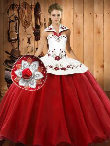Suitable Wine Red Sweet 16 Dress Military Ball and Sweet 16 and Quinceanera with Embroidery Halter Top Sleeveless Lace Up