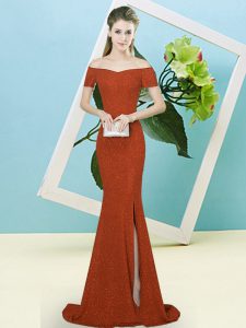Sexy Rust Red Prom Evening Gown Off The Shoulder Short Sleeves Sweep Train Zipper