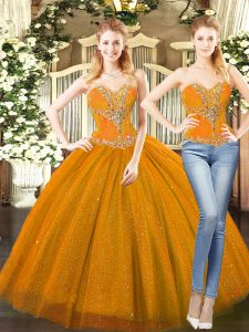 Stylish Orange Red Sleeveless Floor Length Beading Lace Up Quinceanera Gowns