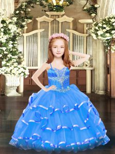 Great Ball Gowns Glitz Pageant Dress Blue Spaghetti Straps Organza Sleeveless Floor Length Lace Up