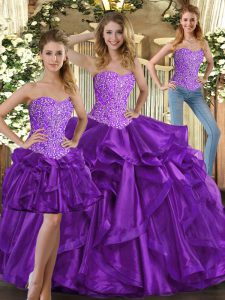 Customized Eggplant Purple Sleeveless Beading and Ruffles Floor Length Quinceanera Gown