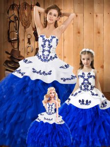New Style Royal Blue Sweet 16 Quinceanera Dress Military Ball and Sweet 16 and Quinceanera with Embroidery and Ruffles Strapless Sleeveless Lace Up