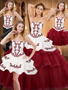 Fitting Burgundy Satin and Organza Lace Up Quinceanera Gowns Sleeveless With Train Embroidery and Ruffled Layers