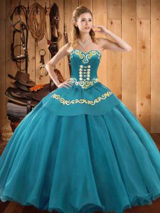 Delicate Teal Lace Up Vestidos de Quinceanera Embroidery Sleeveless Floor Length