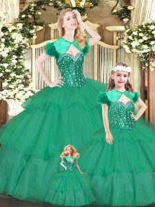 Green Ball Gowns Beading and Ruffled Layers Quince Ball Gowns Lace Up Organza Sleeveless Floor Length
