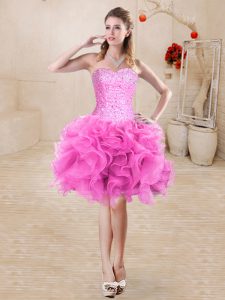 Elegant Rose Pink Prom Gown Prom and Party with Beading and Ruffles Sweetheart Sleeveless Lace Up