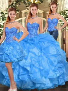 Floor Length Three Pieces Sleeveless Baby Blue Quinceanera Gown Lace Up