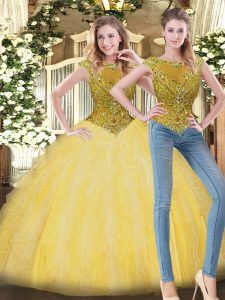Extravagant Yellow Sleeveless Beading and Ruffles Floor Length Quince Ball Gowns