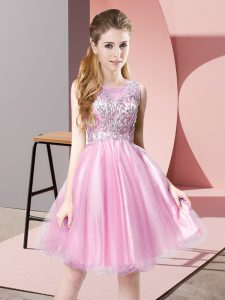 Decent Rose Pink Tulle Zipper Scoop Sleeveless Knee Length Prom Evening Gown Beading
