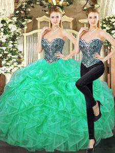 High Quality Turquoise Ball Gowns Tulle Sweetheart Sleeveless Beading and Ruffles Floor Length Lace Up 15 Quinceanera Dress