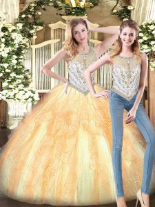 Gold Two Pieces Scoop Sleeveless Organza Floor Length Zipper Beading and Ruffles Sweet 16 Dresses