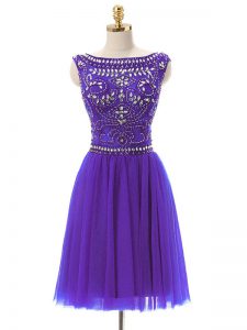 Customized Bateau Sleeveless Evening Dress Mini Length Beading Purple Tulle