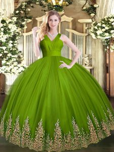 Deluxe Olive Green Zipper V-neck Appliques 15 Quinceanera Dress Tulle Sleeveless