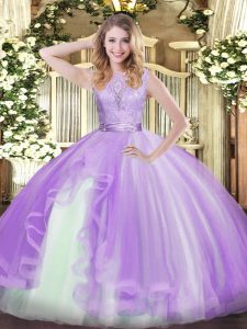 Traditional Lavender Organza Backless Quinceanera Gowns Sleeveless Floor Length Lace and Ruffles