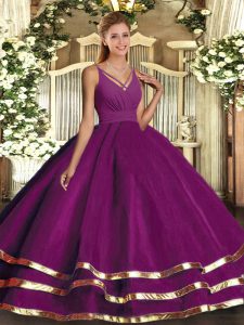 Purple Sweet 16 Dress Military Ball and Sweet 16 and Quinceanera with Ruching V-neck Sleeveless Backless