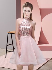 Exquisite Halter Top Sleeveless Court Dresses for Sweet 16 Mini Length Sequins Pink Chiffon