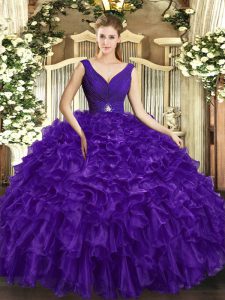 Purple Backless V-neck Beading and Ruffles Sweet 16 Dresses Organza Sleeveless