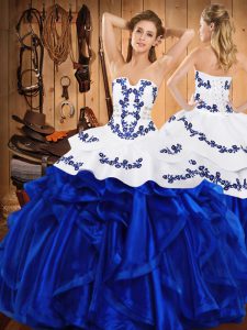 Strapless Sleeveless Satin and Organza Quinceanera Gowns Embroidery and Ruffles Lace Up