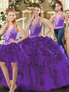 Low Price Straps Sleeveless Tulle Sweet 16 Dress Beading and Ruffles Lace Up