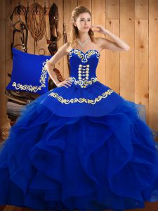 High Class Blue Sweetheart Lace Up Embroidery and Ruffles Quinceanera Gown Sleeveless