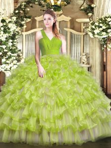 Elegant Floor Length Yellow Green Ball Gown Prom Dress V-neck Sleeveless Zipper