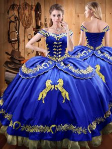 Nice Royal Blue Sleeveless Satin and Organza Lace Up Quinceanera Dress for Sweet 16 and Quinceanera